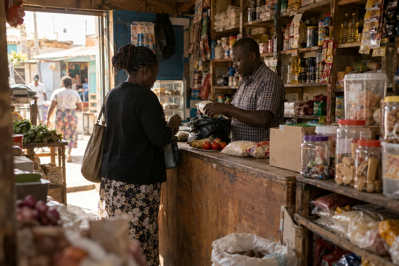 A shopkeeper serving a customer at a neighbourhood duka in Nairobi