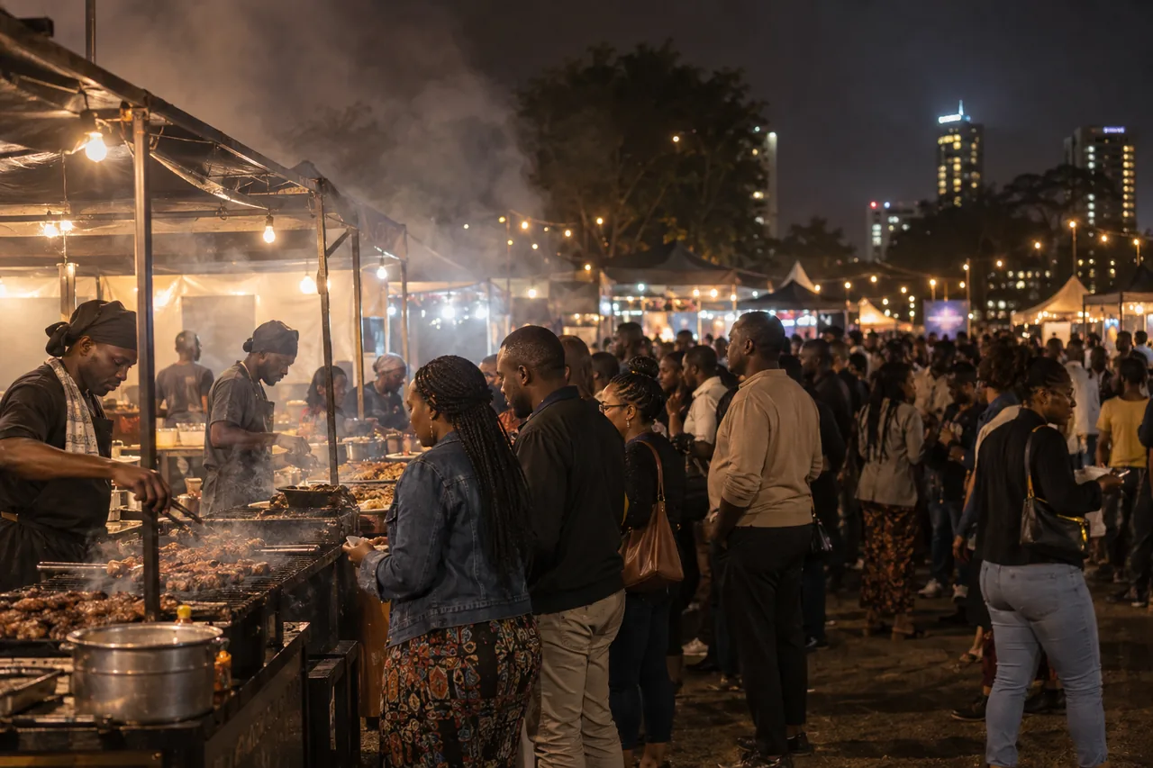Crowds at a street food festival in Nairobi at night