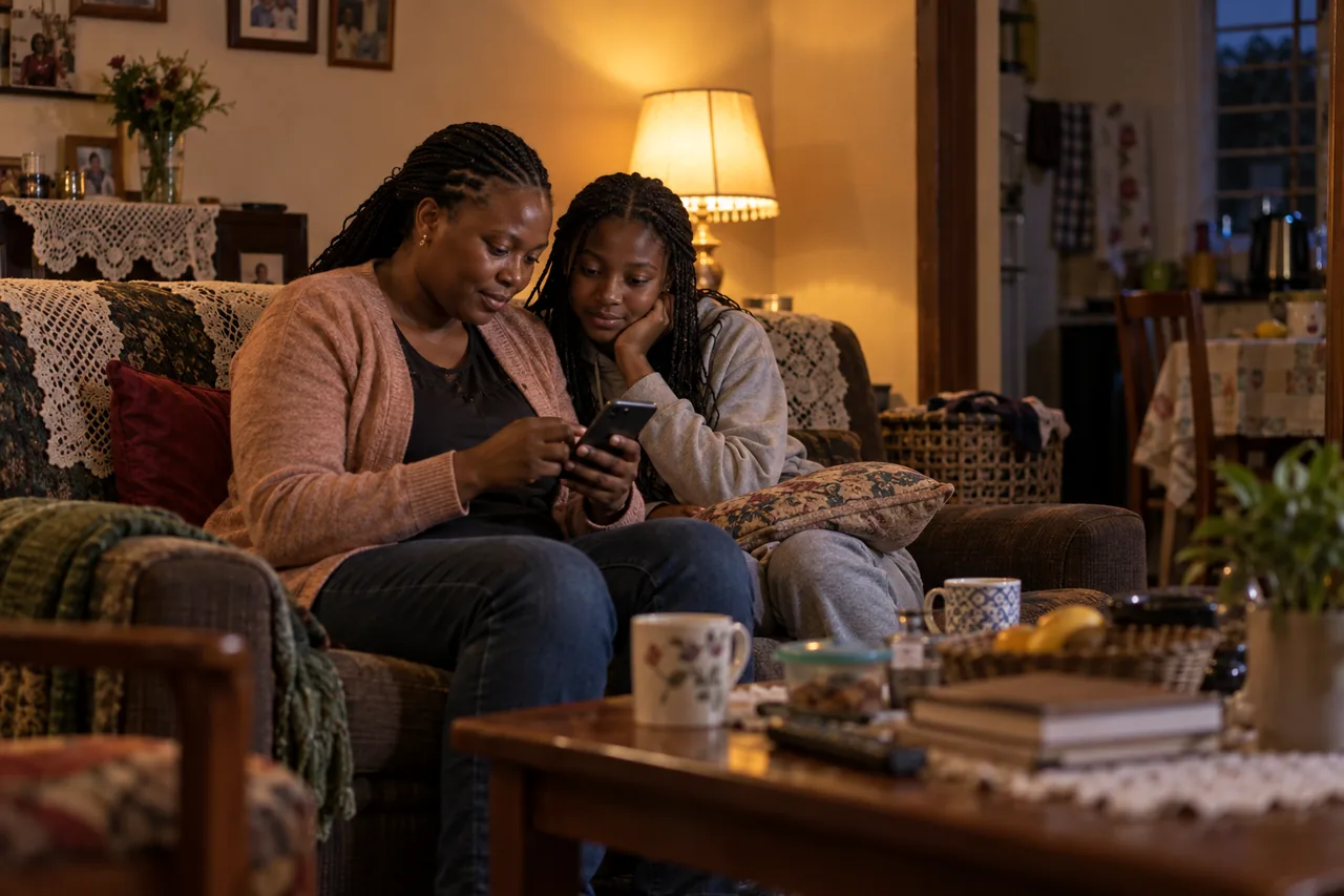 A mother and daughter looking at a smartphone at home