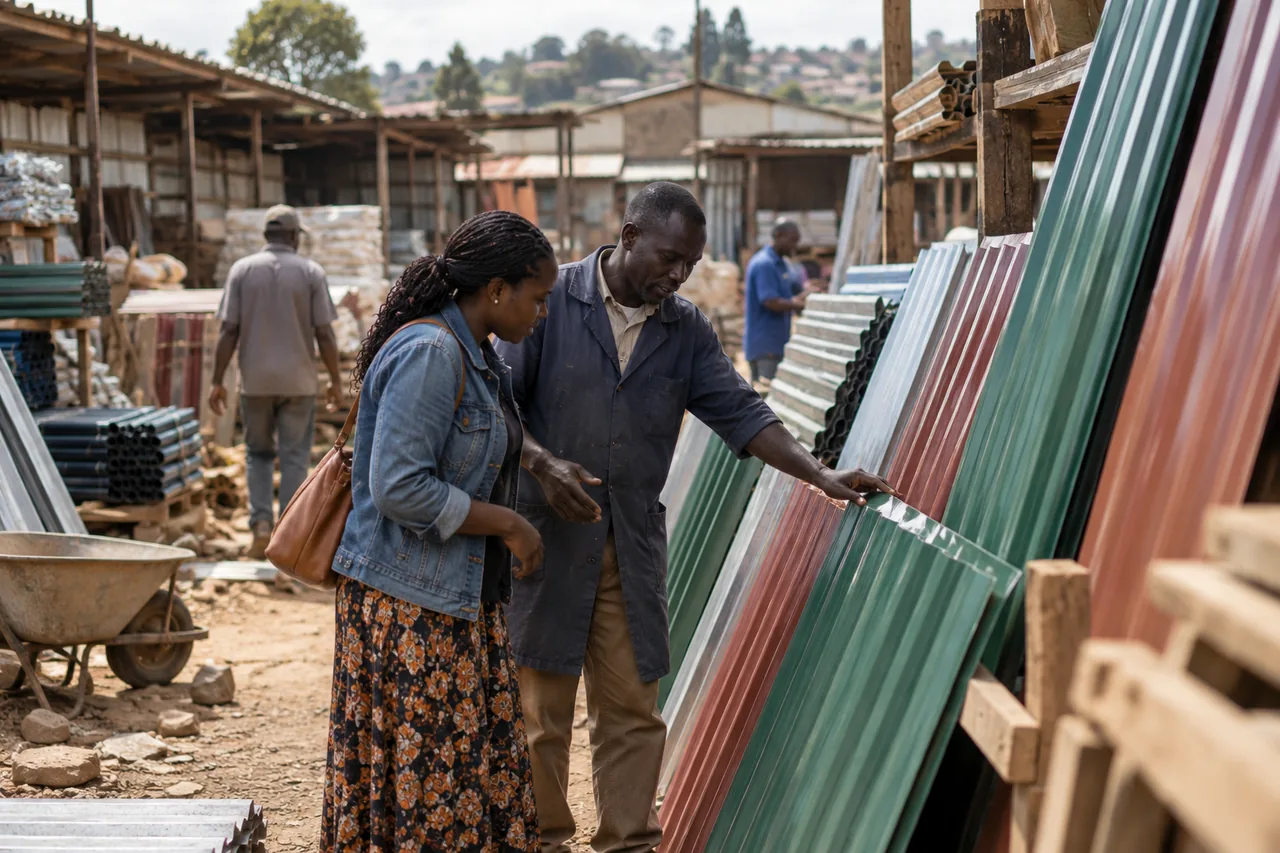 Stacks of iron roofing sheets at a hardware yard in a Kenyan town