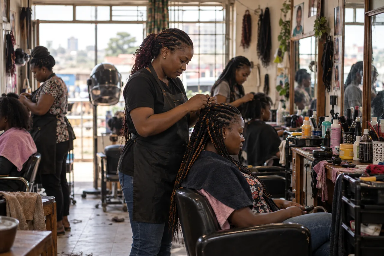 A stylist braiding a customer's hair in a busy Nairobi salon