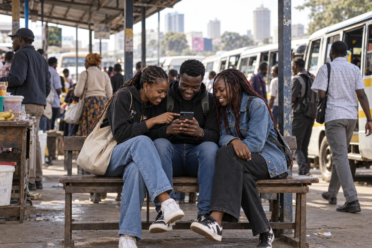 Three young friends at a Nairobi bus stage looking at a smartphone