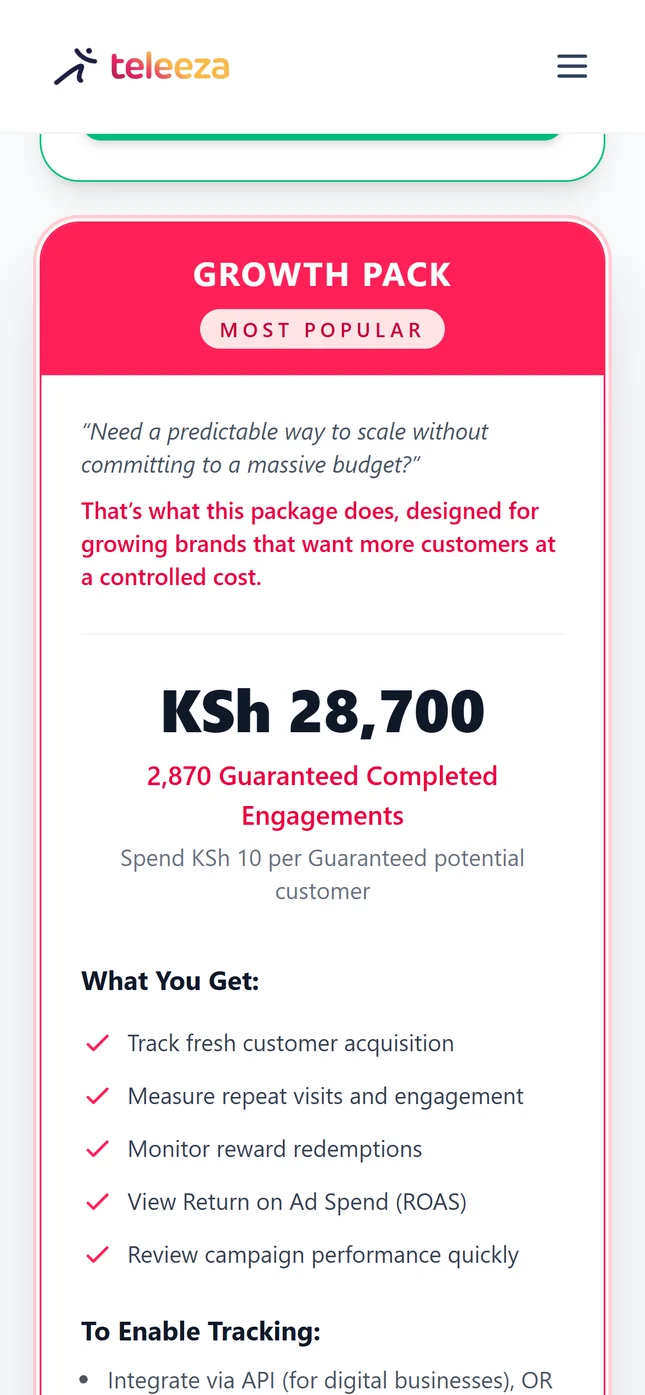 TAM on a phone: Growth Pack, most popular, KSh 28,700, 2,870 guaranteed completed engagements