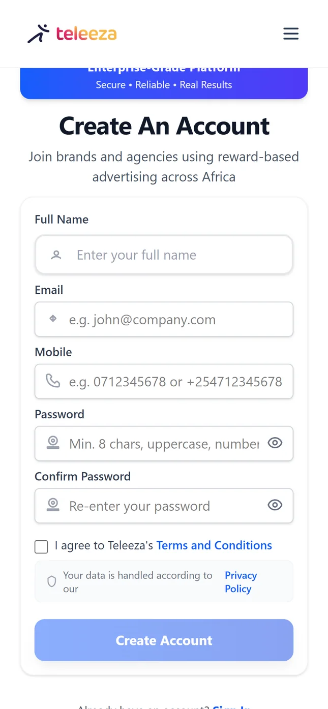 TAM Create An Account form on a phone