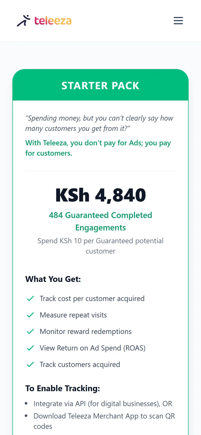 Teleeza Ads Manager on a phone: the Starter Pack, KSh 4,840 for 484 guaranteed completed engagements