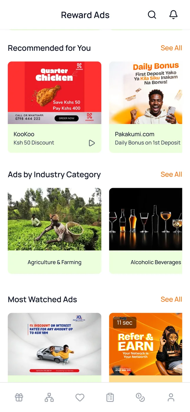 Pick an ad worth your time: Recommended, by industry or most watched. Every ad shows its offer and how long it takes.