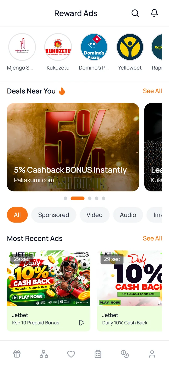 Discover brands near you: The home feed opens on brands, Deals Near You and the most recent reward ads.