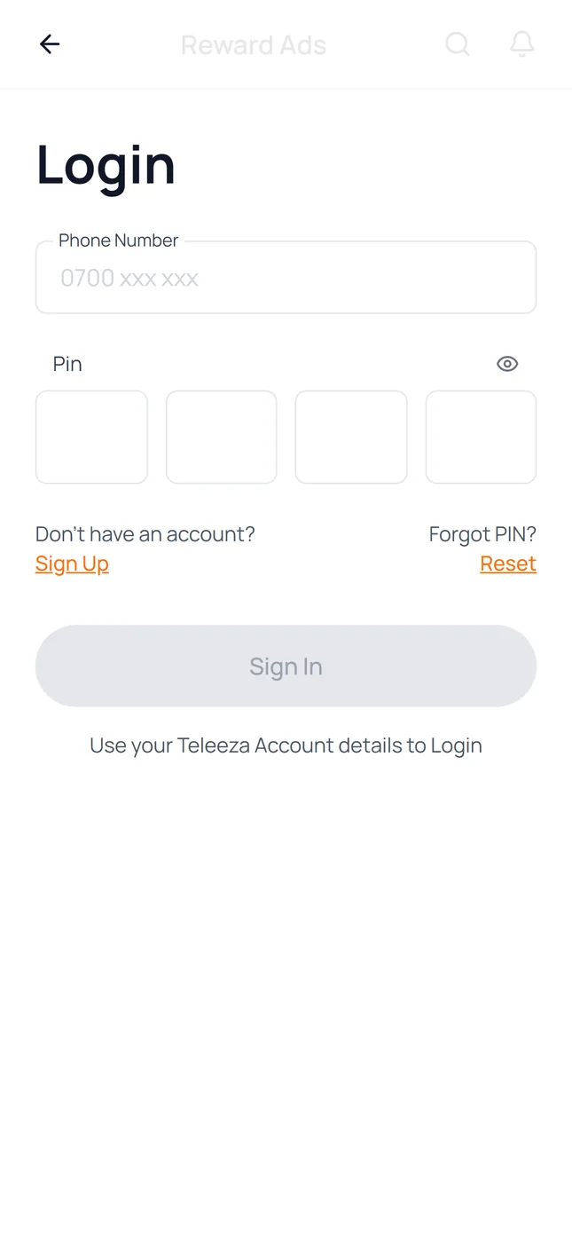 Teleeza Reward Ads sign in with phone number and PIN