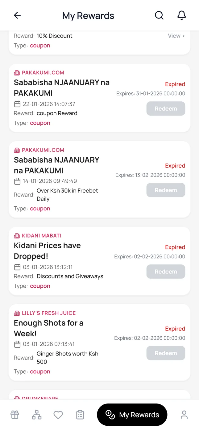Rewards collect in one place: Every reward earned, with what it is worth, when it expires and a Redeem button.