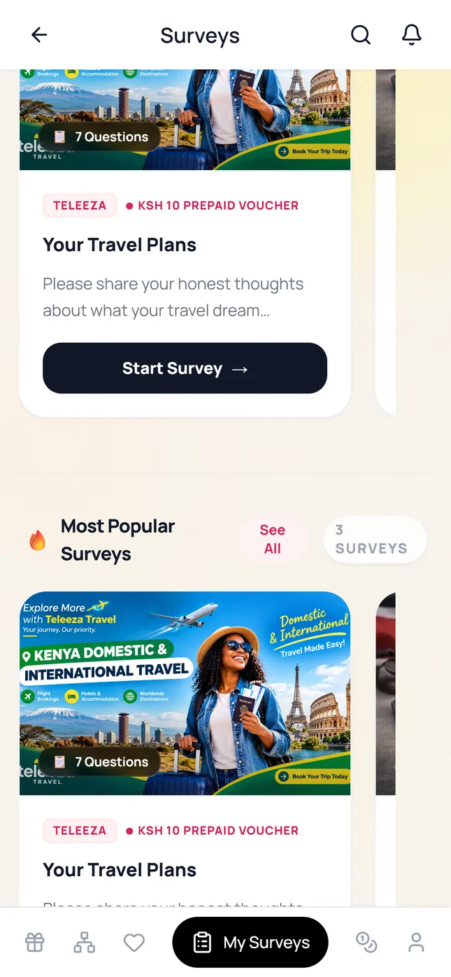 A Teleeza survey: Your Travel Plans, 7 questions, KSh 10 prepaid voucher